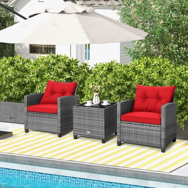 3Piece Outdoor Wicker Patio Furniture Set with Tempered Glass Coffee Table