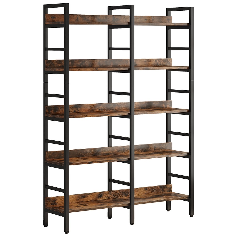 Double Wide Bookshelf  5 Tier Industrial Etagere Bookcase Free Standing Tall Book Shelf  Rustic Brown