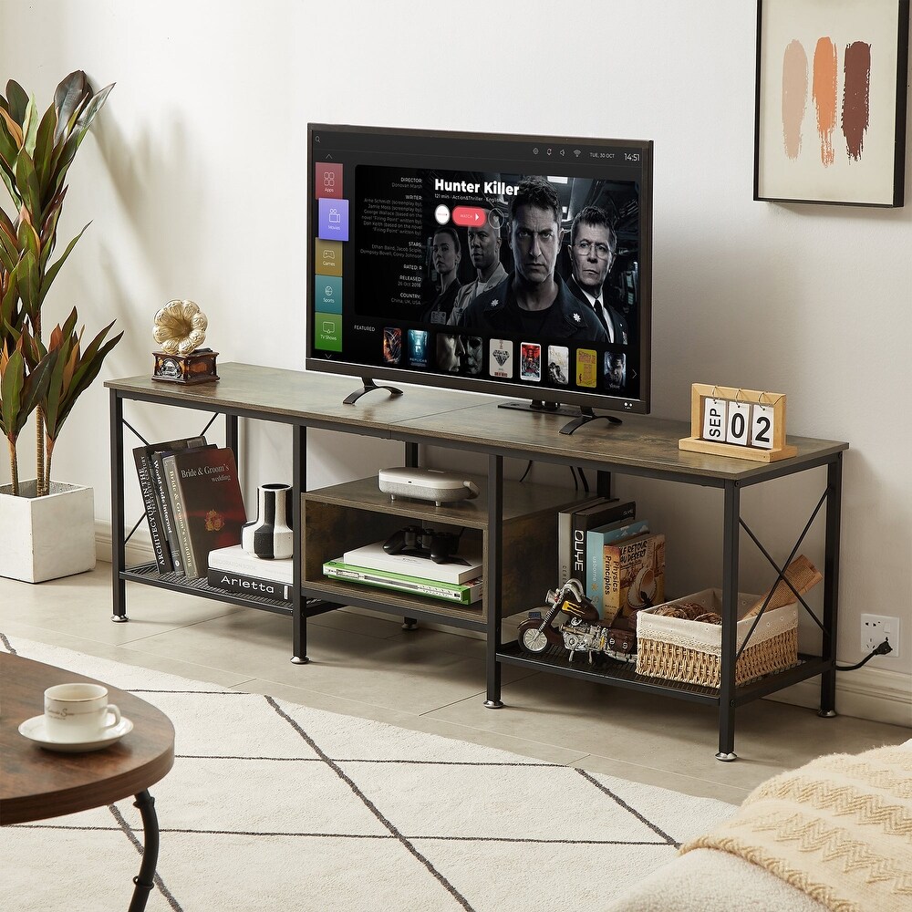 Wood TV Stand with Charging Station Storage Shelves Entertainment Center TV Cabinet