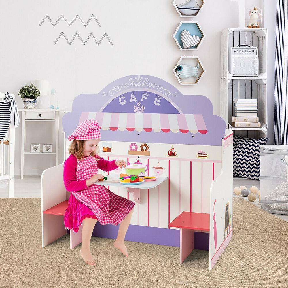 Costway 2-in-1 Kids Play Kitchen and Cafe Restaurant Wooden Pretend Cooking Playset Toy Pink HW64637