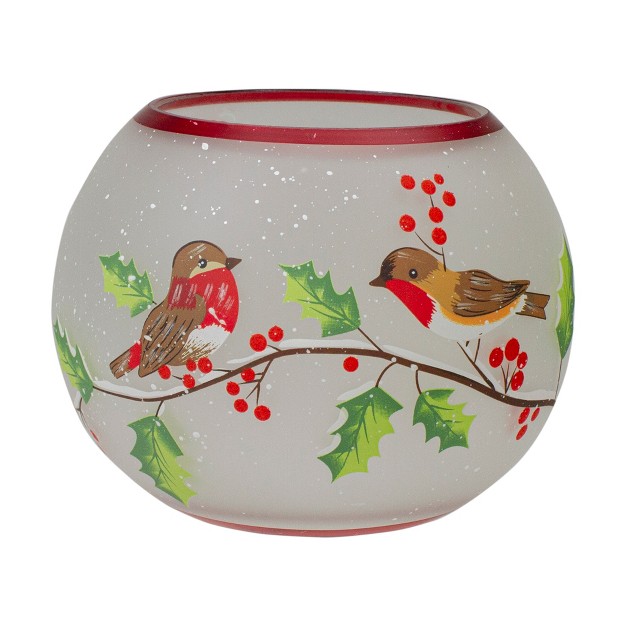 Northlight 5 inch Hand Painted Finches And Pine Flameless Glass Candle Holder