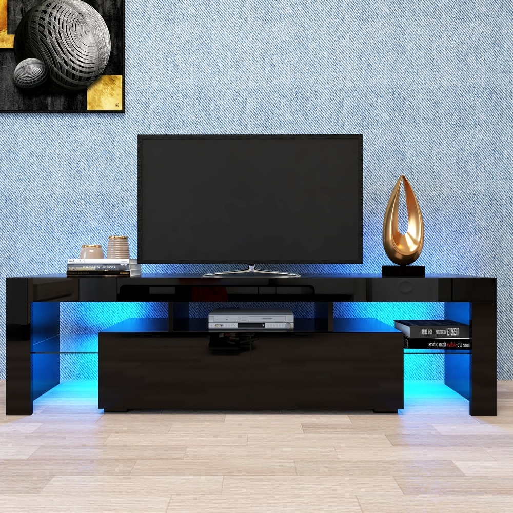 63''L Matt Laminate Finish TV Stand Cabinet with 2 Soft Open Front Storage Doors  20 Colors LED Remote Control (up to 70'')