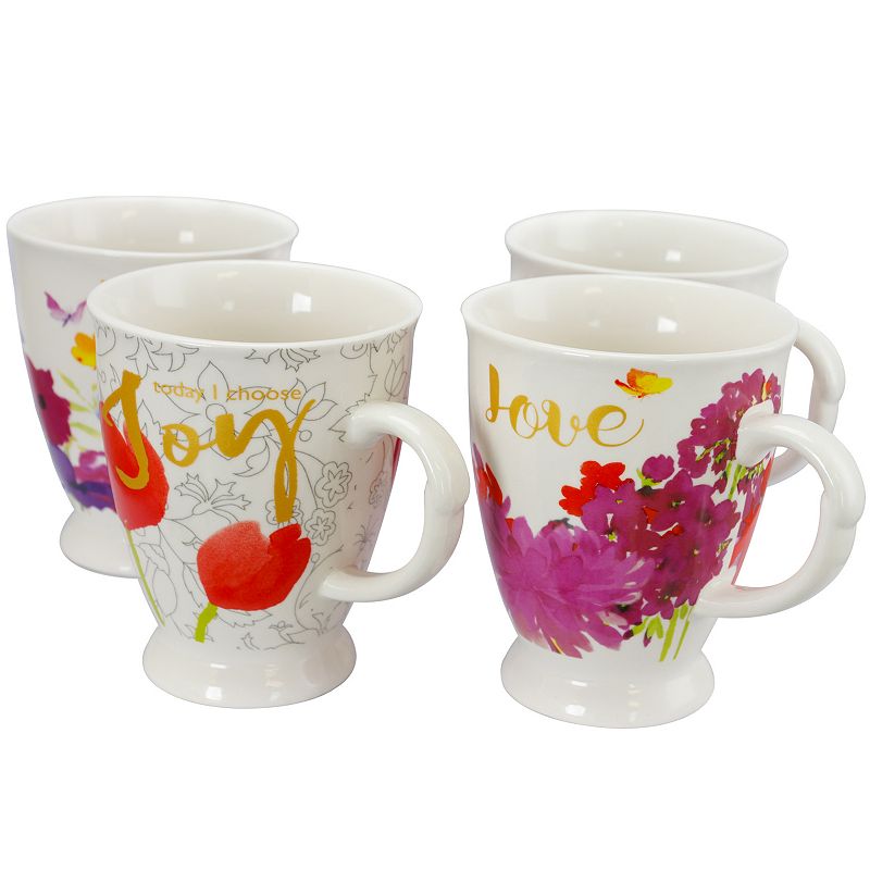 Gibson Home Bold Floral 17.4 oz Cup Set， Set of 4 Assorted Designs