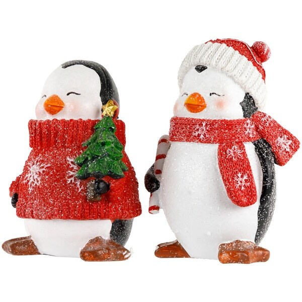 Cozy Glitter Penguins with Sweater and Scarf Christmas Figurines