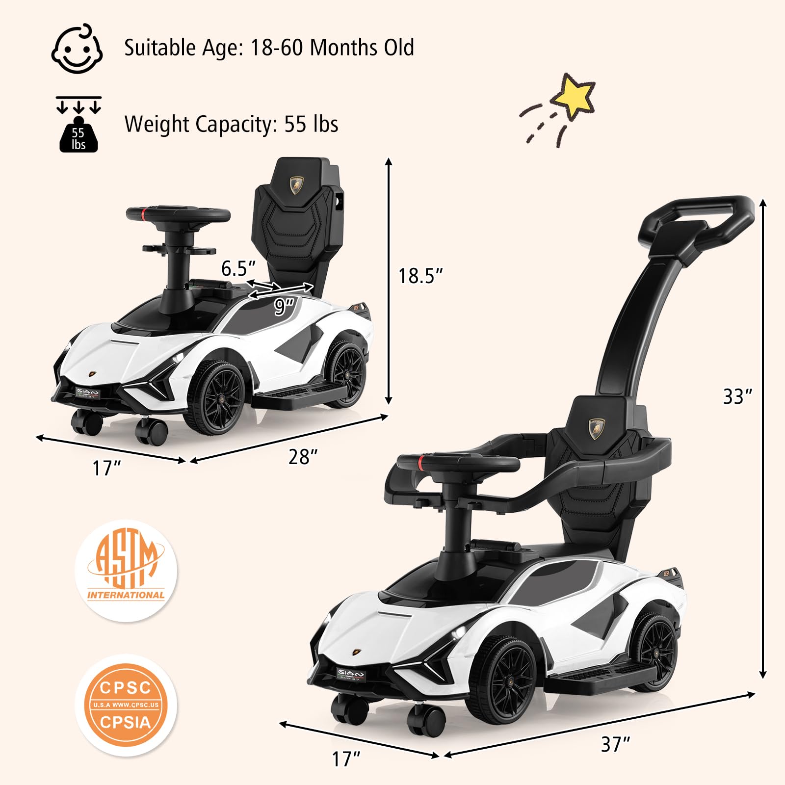 Costzon Push Car for Toddlers, 3-in-1 Licensed Lamborghini Sliding Car w/Removable Handle & Guardrail