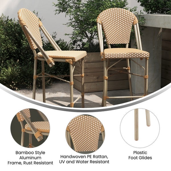 2 Pack All-Weather Commercial Paris Stools with Bamboo Print Frame