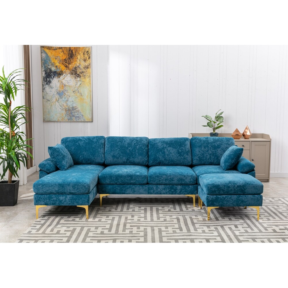 Chenille Sectional Sofas Set U shaped Modular Sofa Removable Recline Couch with Memory Foam Ottomans for Livingroom  Teal Blue