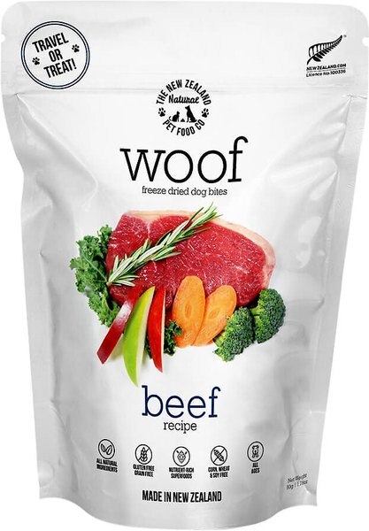 The New Zealand Natural Pet Food Co. Woof Beef Recipe Grain-Free Freeze-Dried Dog Treats， 1.76-oz bag