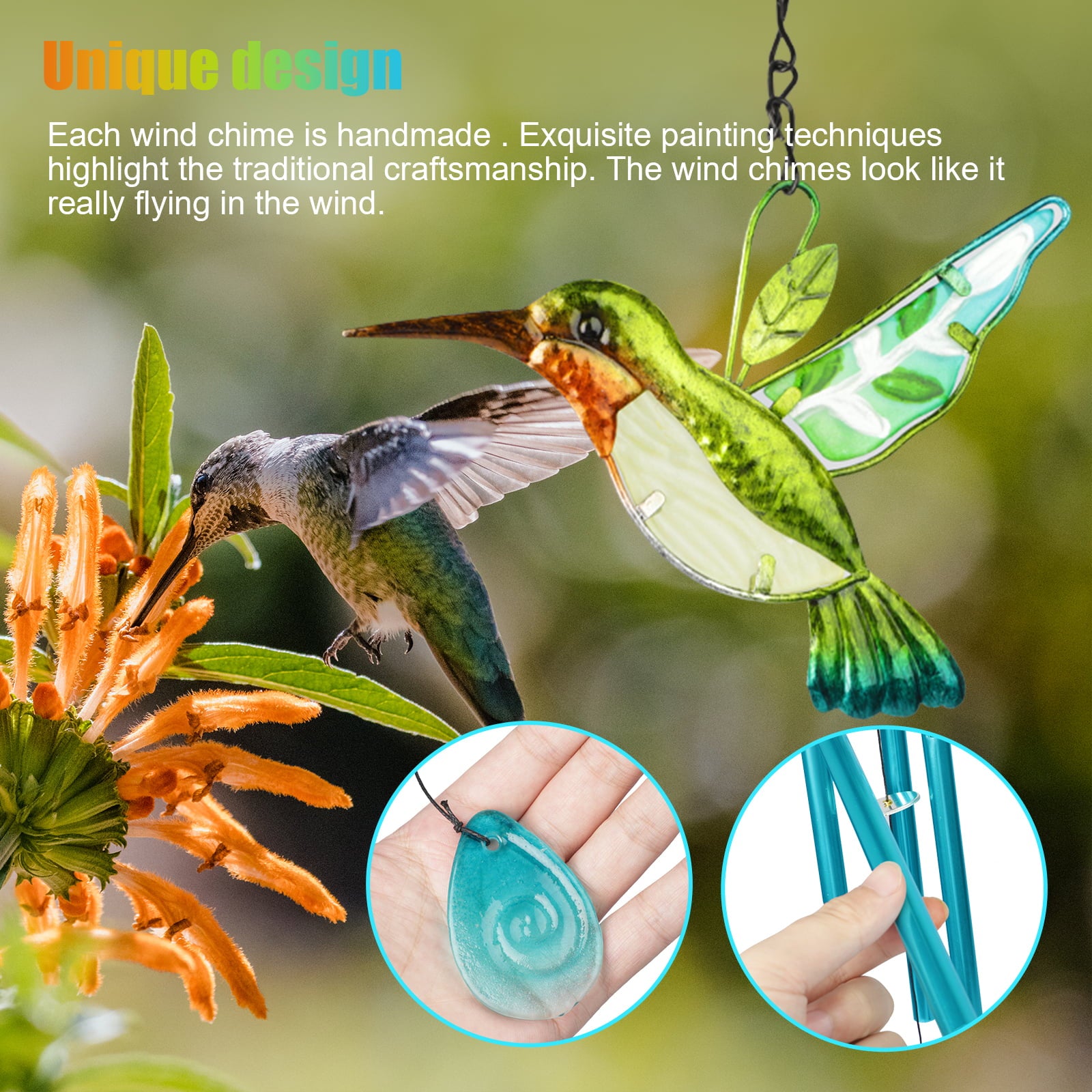 Hummingbird Wind Chimes， EEEkit Hummingbird Metal Tubes Wind Chime Bell Waterproof Wall Hanging Ornament Wind Chimes for Outdoor Indoor Gardening Yard Pathway Decoration