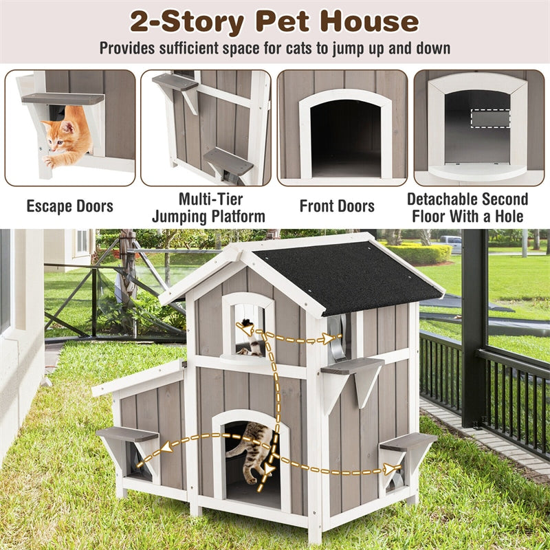 2-Story Outdoor Feral Cat House Weatherproof Wooden Kitty Shelter Pet House Habitat with Escape Door Removable Floor PVC Curtains Flower Box