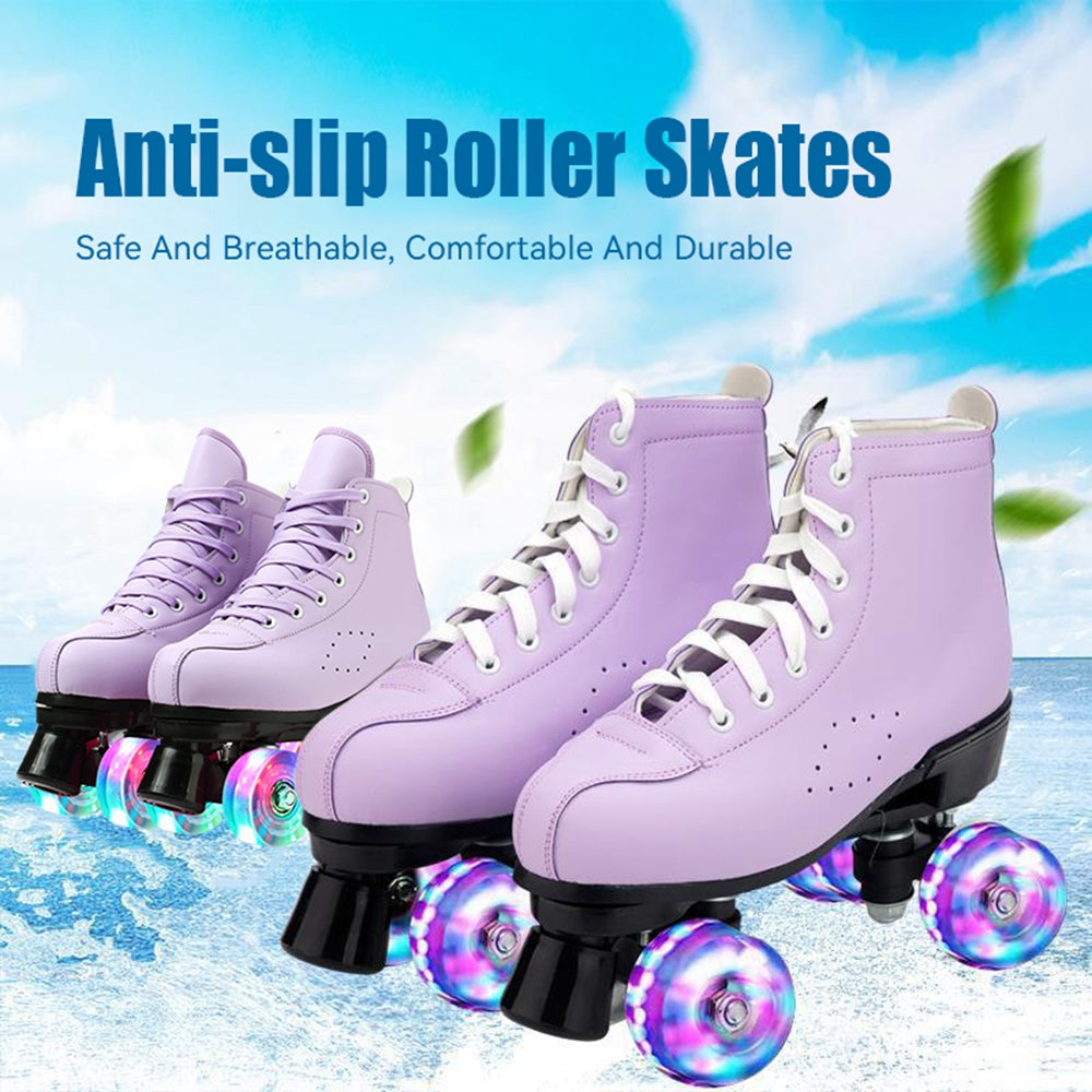 PU Leather Roller Skates， High-Top Design， Roller Artistic with Double-Row Shiny Wheels for Women and Men， Purple， Size 6.5