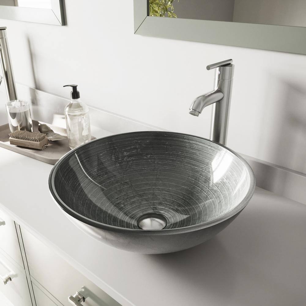 VIGO Glass Round Vessel Bathroom Sink in Silver with Seville Faucet and Pop-Up Drain in Brushed Nickel VGT838