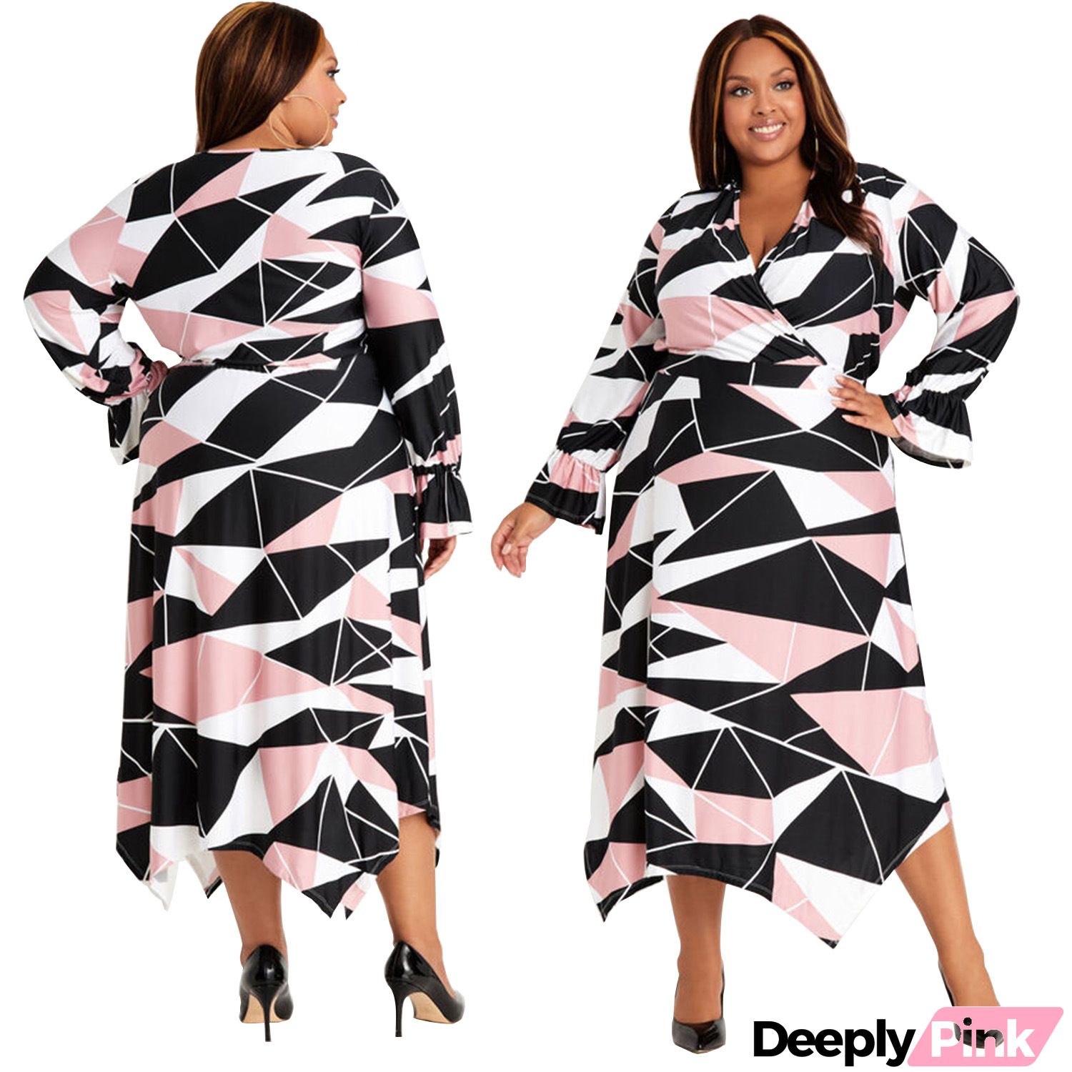 Women Fashion Plus Size Geometric Print V-Neck Long Sleeve Irregular Dress