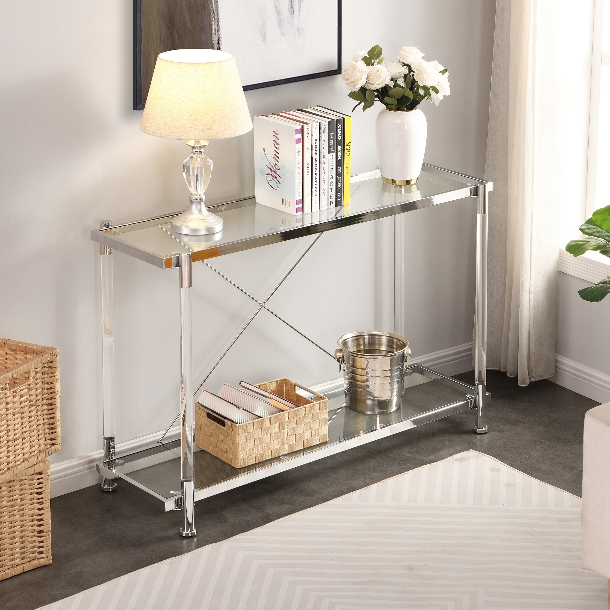 Acrylic Glass Side Table，Chrome Sofa Table， Console Table for Living Roomand Bedroom