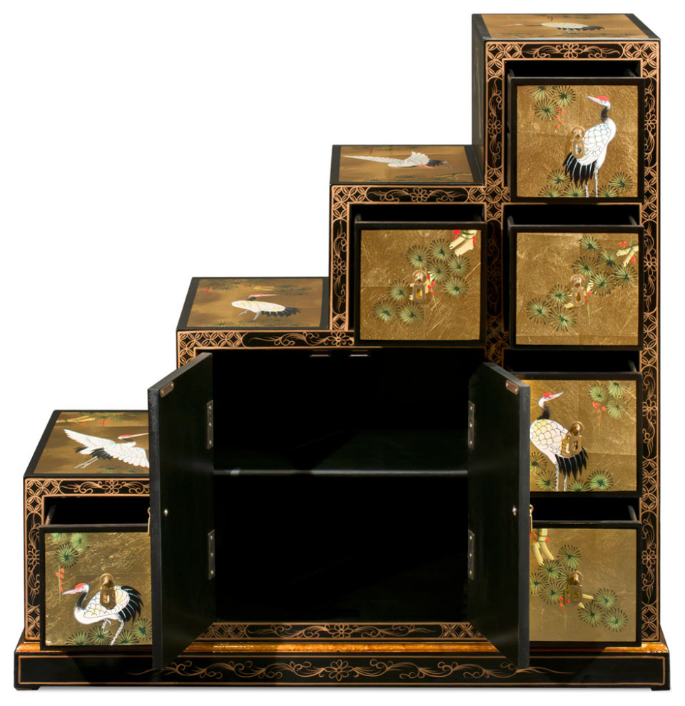 Gold Leaf Hand Painted Crane Motif Japanese Step Tansu Cabinet   Asian   Accent Chests And Cabinets   by China Furniture and Arts  Houzz