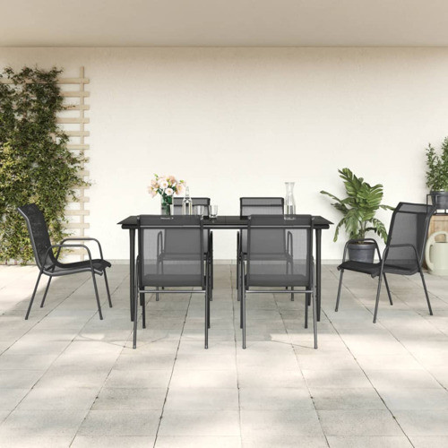 vidaXL Patio Dining Set 7 Piece Table and Chair Black Steel and Textilene   Transitional   Outdoor Dining Sets   by vidaXL LLC  Houzz