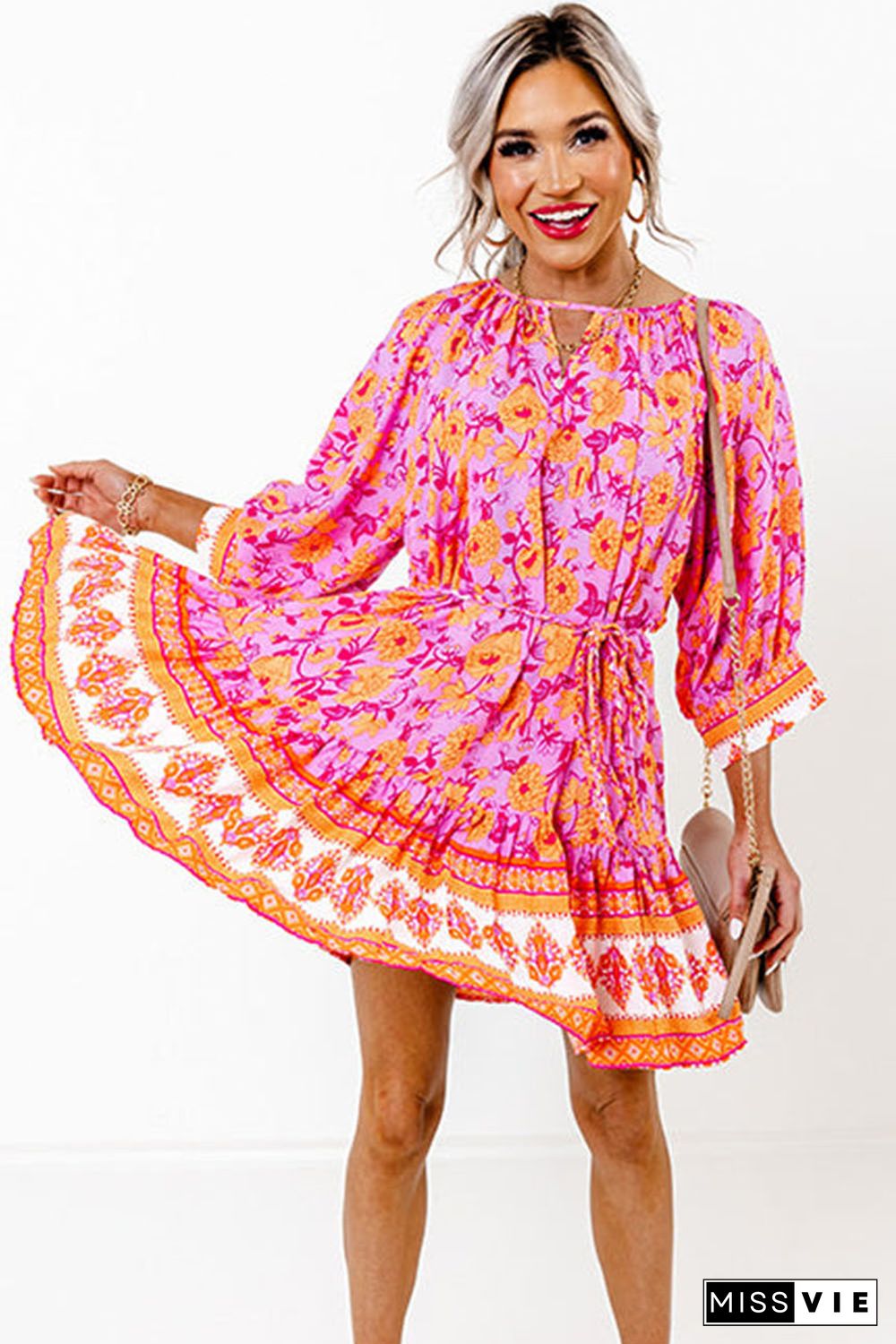 Red 3/4 Sleeve Boho Floral Belted Mini Dress