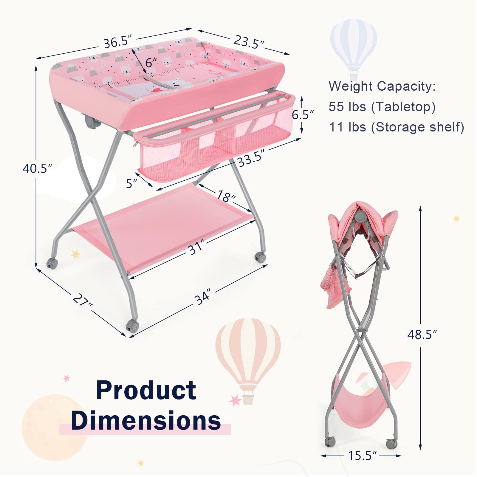 Costzon Portable Changing Table, Mobile Baby Changing Table with Wheels, Safety Belt, Large Storage Basket