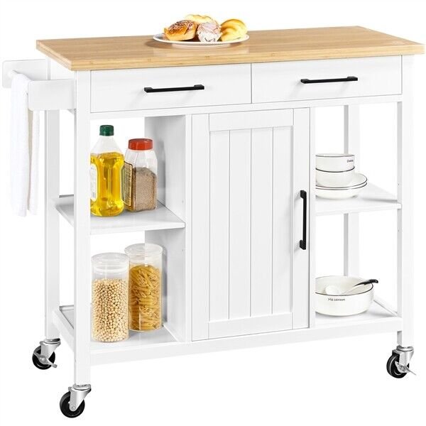 Mobile Kitchen Island Kitchen Cart with Bamboo Top and Storage Cabinets and Drawer