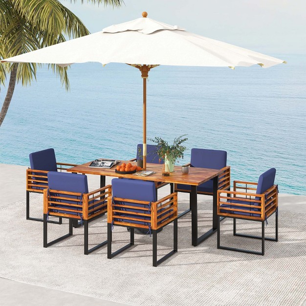 Costway 7pcs Patio Acacia Wood Dining Chair amp Table Set Heavy duty Space saving Outdoor