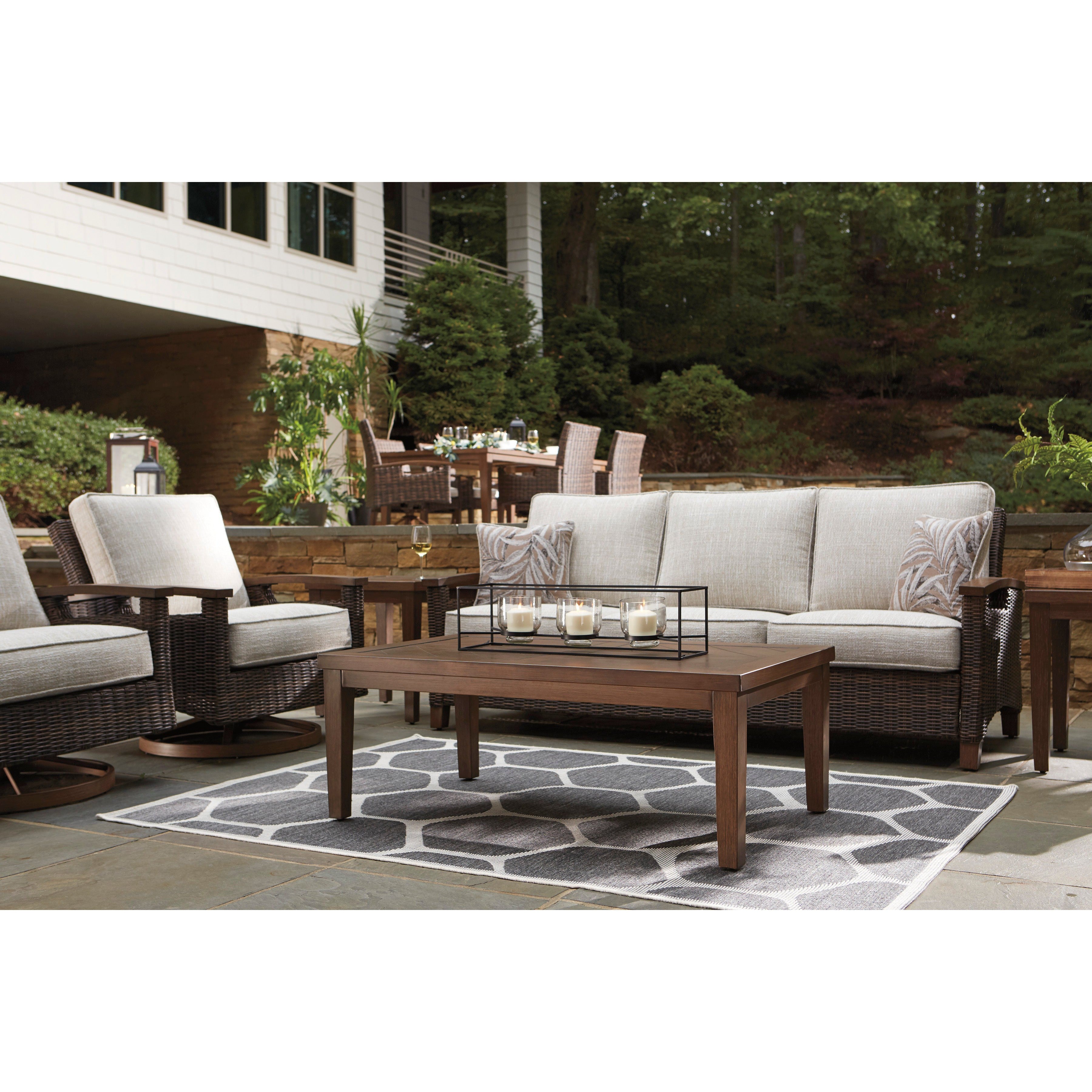 Sea Cliff 4pc Outdoor Seating Set:Sofa + 2 Swivel Rocker Club Chairs + Firepit