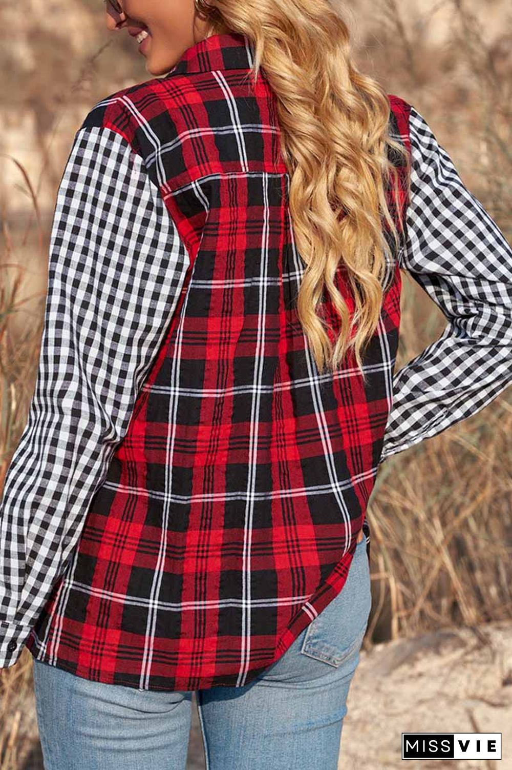 Colorblock Plaid Patched Pocket Button Front Shirt