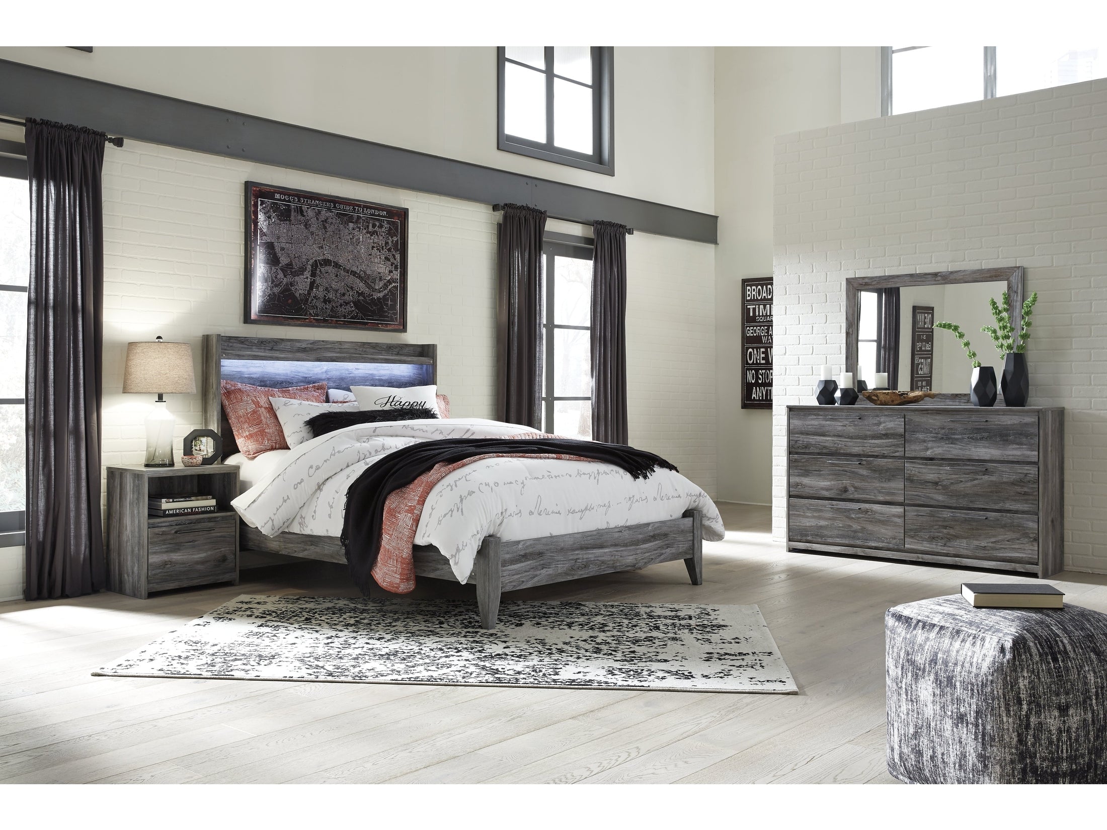 (Online Special Price) Baystorm Gray Queen Panel Bedroom Set with Dresser, Mirror and Nightstand