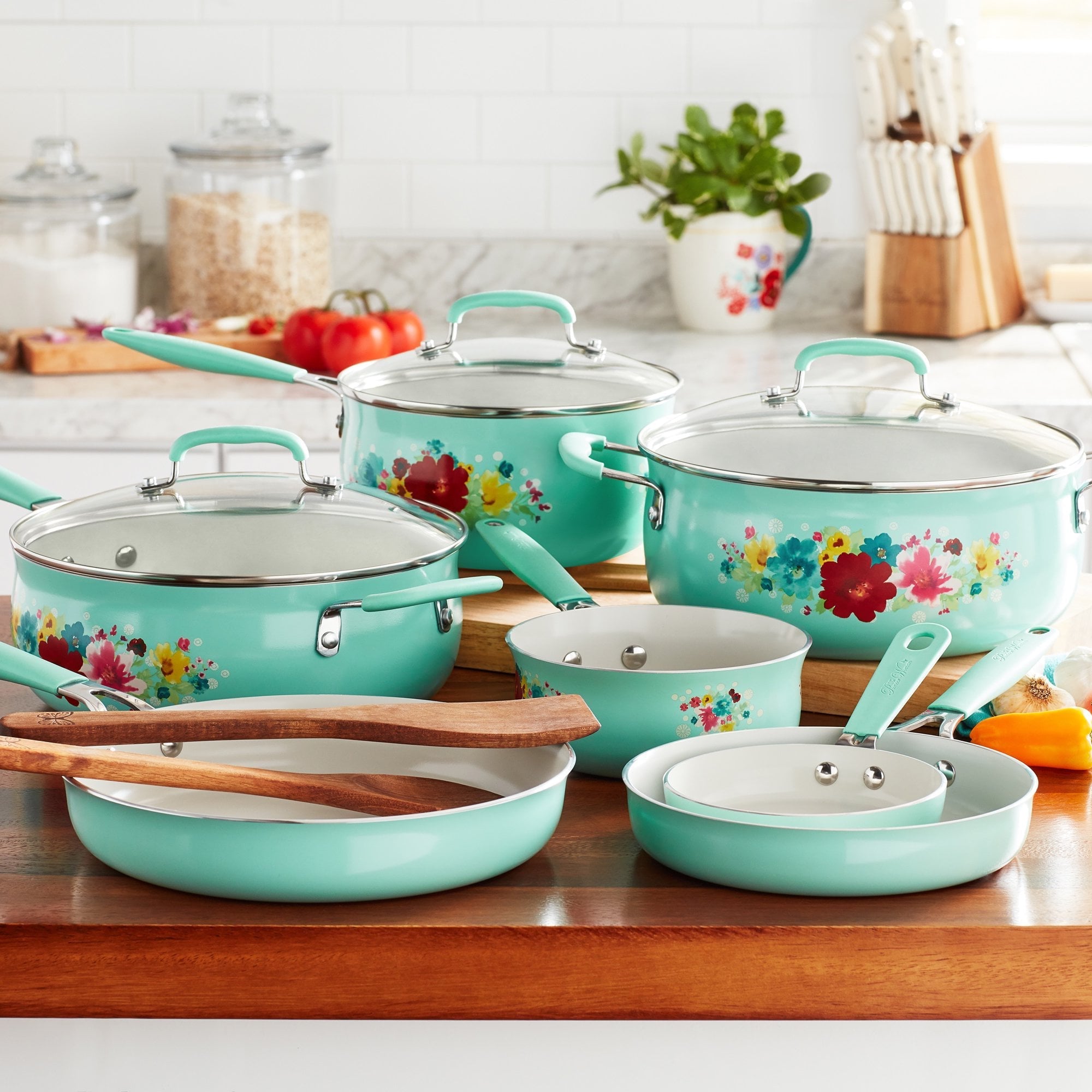 The Pioneer Woman Classic Ceramic Breezy Blossom Cookware Set, 12 Piece Set