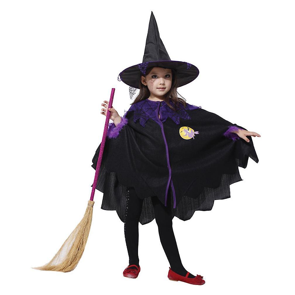 2 Pcs Kids Cosplay Witch Poncho Set Halloween Cape And Hat Show Costume