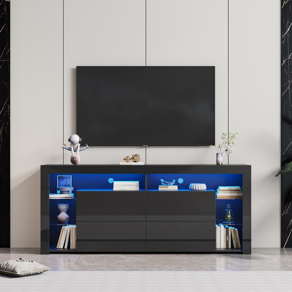 Modern contracted LED TV Stand with Storage Drawers  TV Cabinet for Living Room Bedroom with 4 Storage Cabinet with Open Shelves