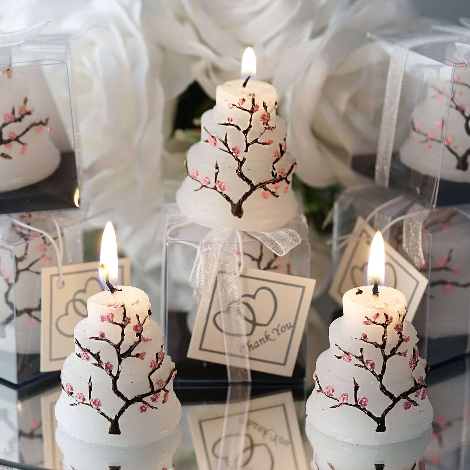 Gift Wrapped Cherry Blossom Wedding Cake Candle Party Favors With Thank You Tag 2