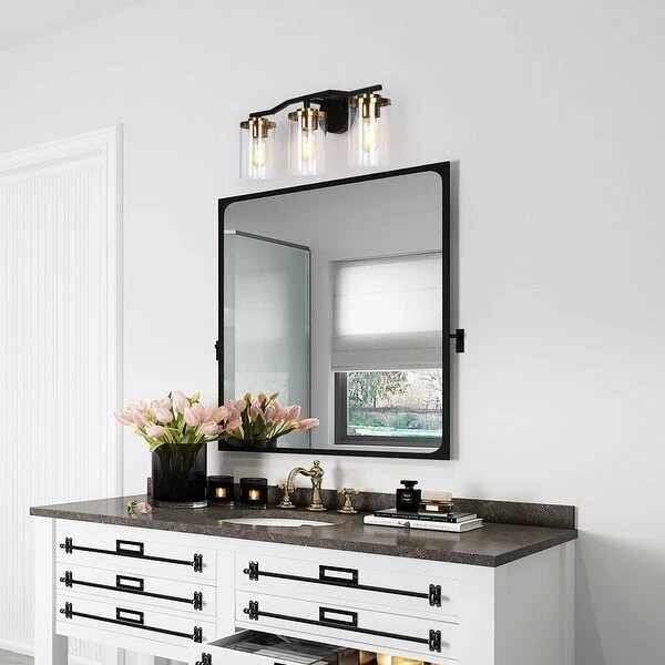 Modern Farmhouse Black Gold 3-Light Bathroom Vanity Lights Cylinder Glass Wall Sconces - 21