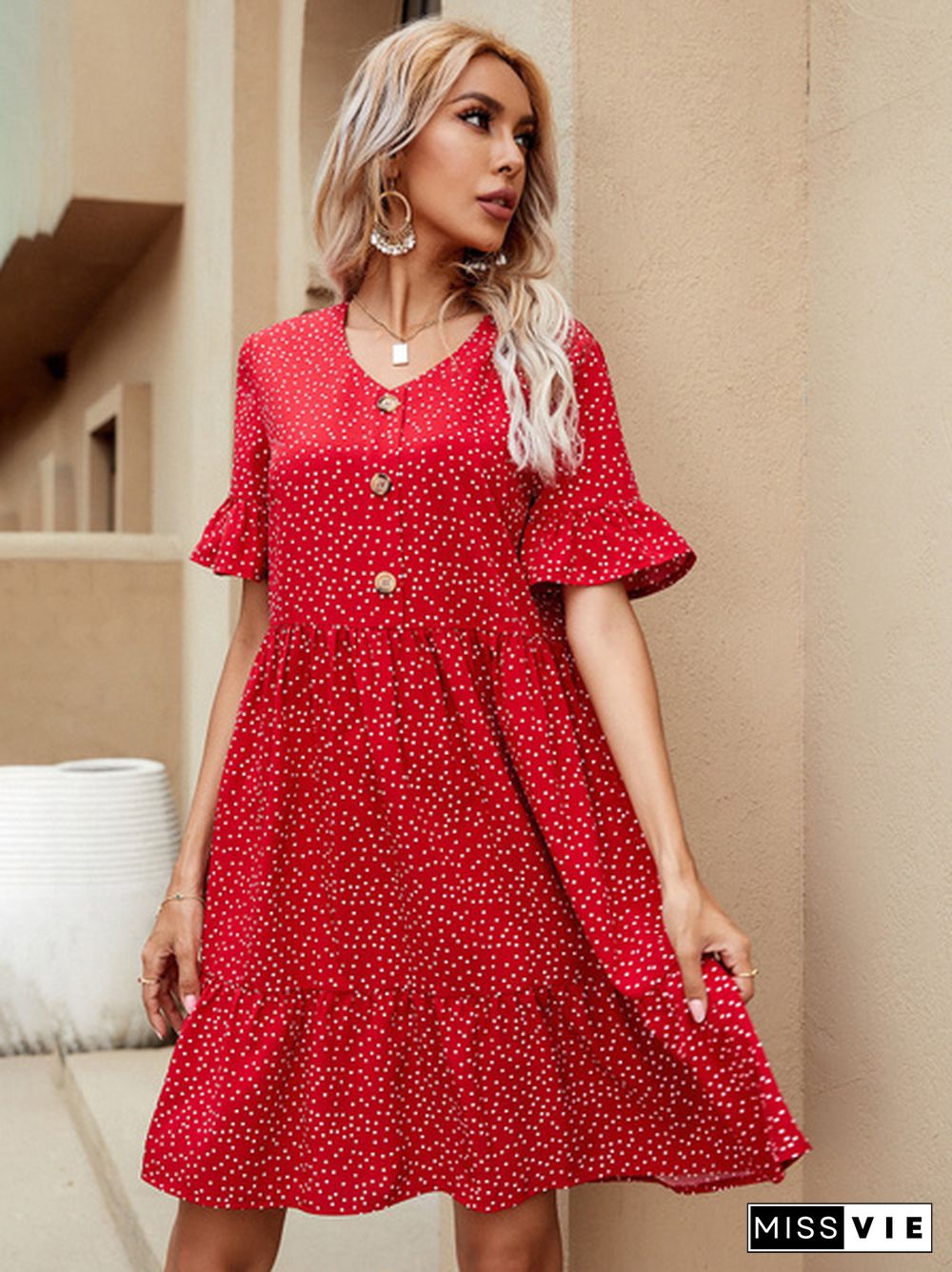 V-Neck Polka Dot Ruffled Long Skirt