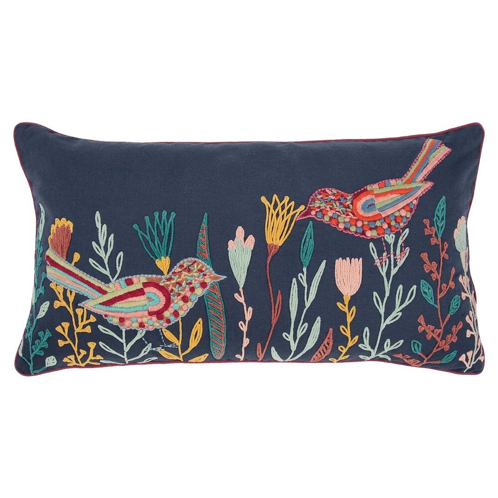 Rizzy Home Navy Blue Multi colored Floral and Birds Throw Pillow