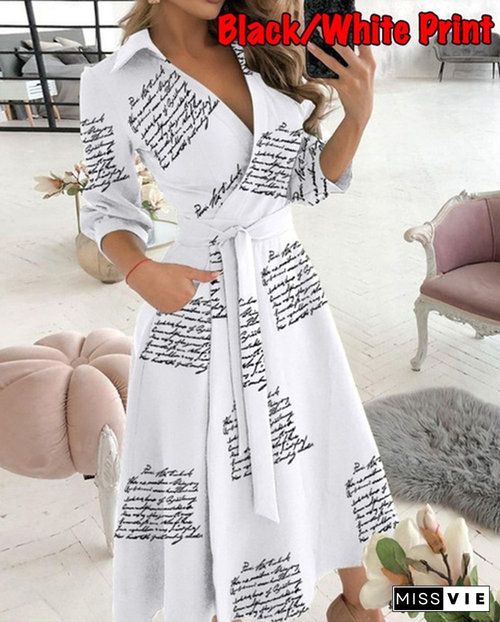 Women Fashion V-neck Print Summer Dress Belt Lace Up Party A Line Prom Dress Long Sleeve Tunic Dress Ladies Casual Dress