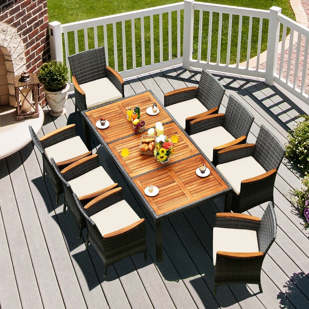 9 Pieces Rattan Patio Dining Set with Acacia Wood Table and Cushioned Chair   24\