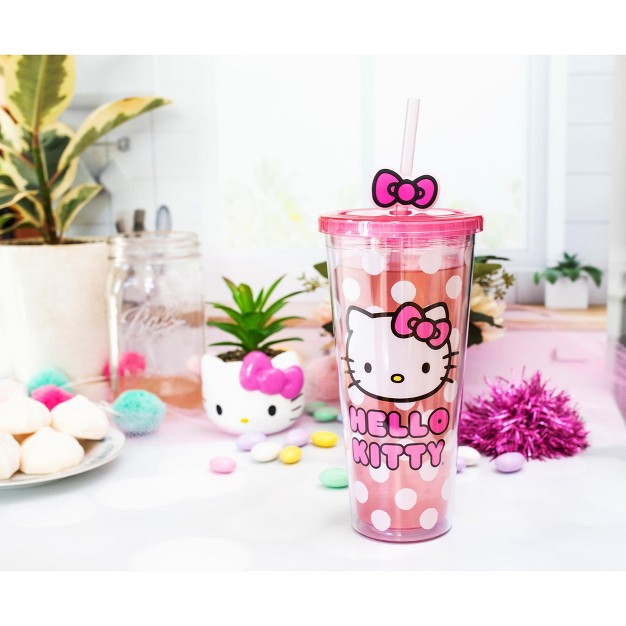 Silver Buffalo Sanrio Hello Kitty Face Carnival Cup With Lid And Topper Straw Holds 24 Ounces