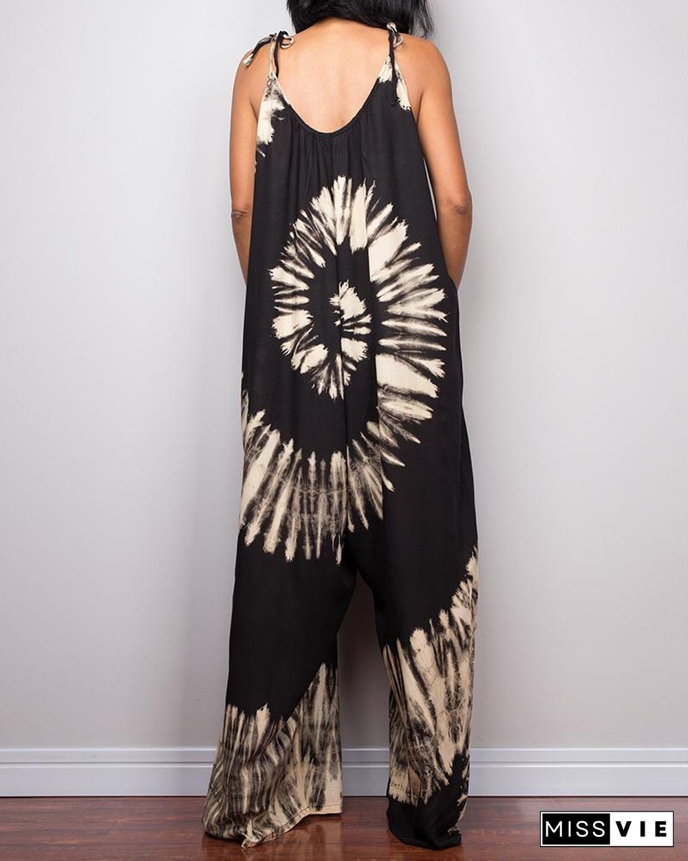 Tie-Dye Print Wide-Leg Lace-Up Loose Jumpsuit P15993