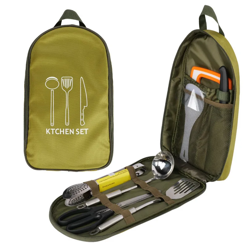 Camping Kitchen Utensil Set with Carrying Bag BBQ Beach Hiking Travel Organizer Storage Pack Cook Gadgets Equipment Gear