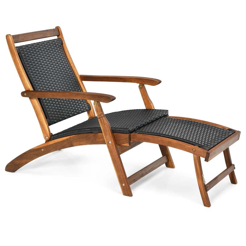 Acacia Wood Rattan Folding Outdoor Chaise Lounge Chair with Retractable Footrest, Pool Lounge Chair Patio Sun Lounger