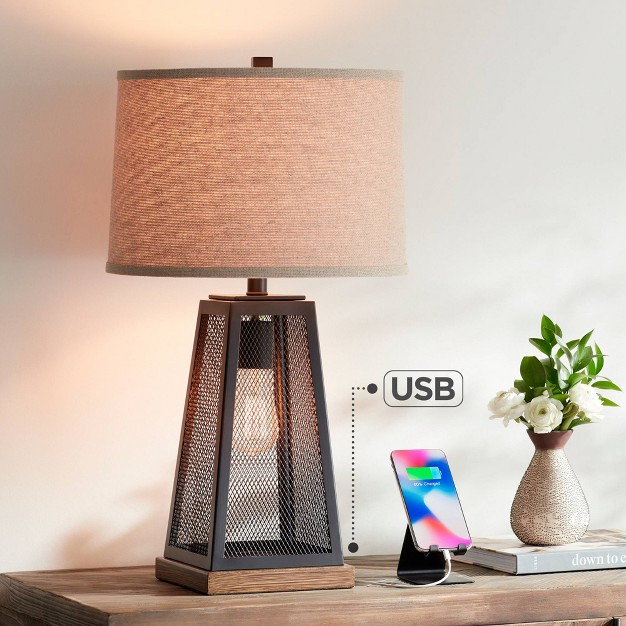 High Metal Mesh With Nightlight Led Usb Charging Port Burlap Shade For Living Room House Desk