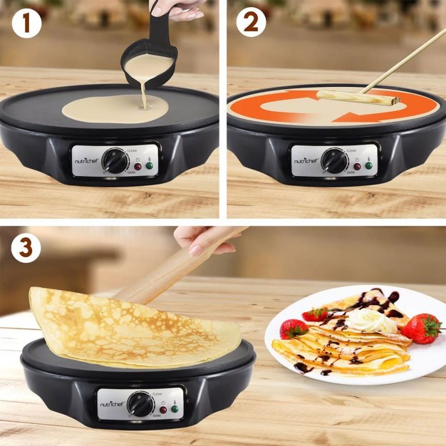 Nutrichef 12 Inch Electric Nonstick Griddle Pancake Crepe Injera Blitnz Maker Hot Plate Cooktop With Crepe Turner And Pastry Spreader Tools Black