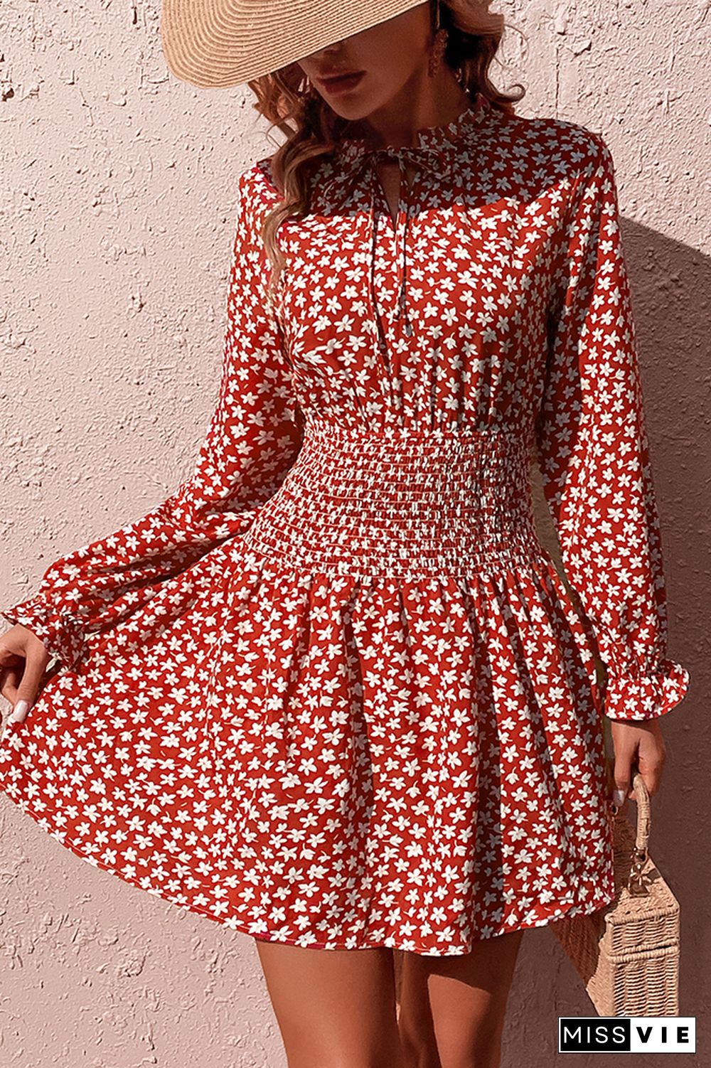 Red Floral Split Frill Collar High Waist Swing Dress