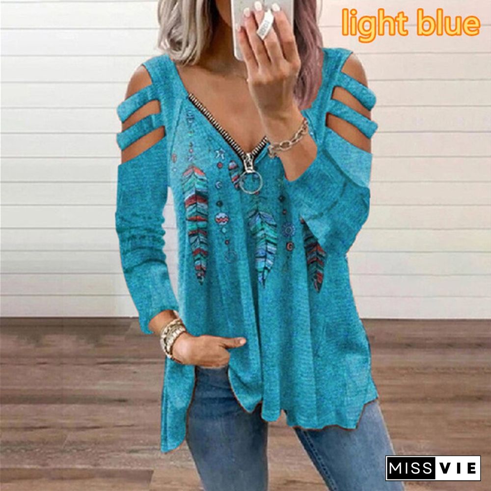 Autumn New Fashion Women's Plaid Feather Printed Long Sleeve Strapless Zipper V-neck Casual T-shirt Loose Plus Size Soft and Comfortable Top Shirt XS-5XL