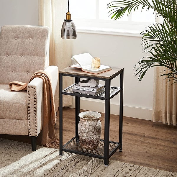 Side Table， End Telephone Table with 2 Mesh Shelves， for Office Hallway or Living Room， Accent Furniture， Greige and Black