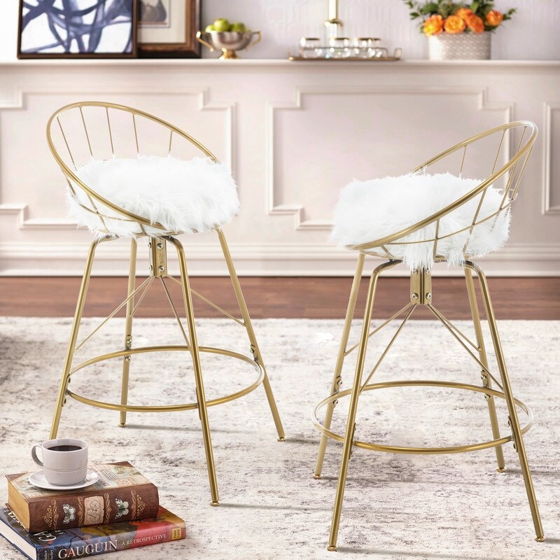 Swivel Bar Stools with with Removable White Faux Fur Metal Counter Bar Chairs Set of 2 24\