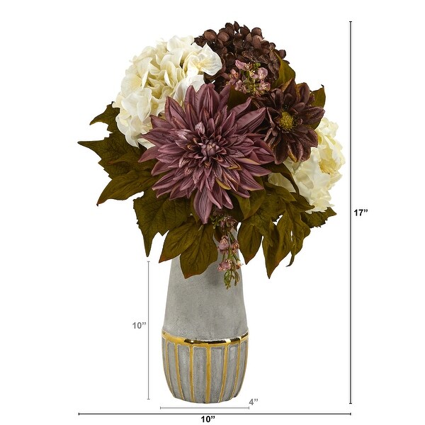 17 Peony，Hydrangea and Dahlia Arrangement in Stoneware Vase