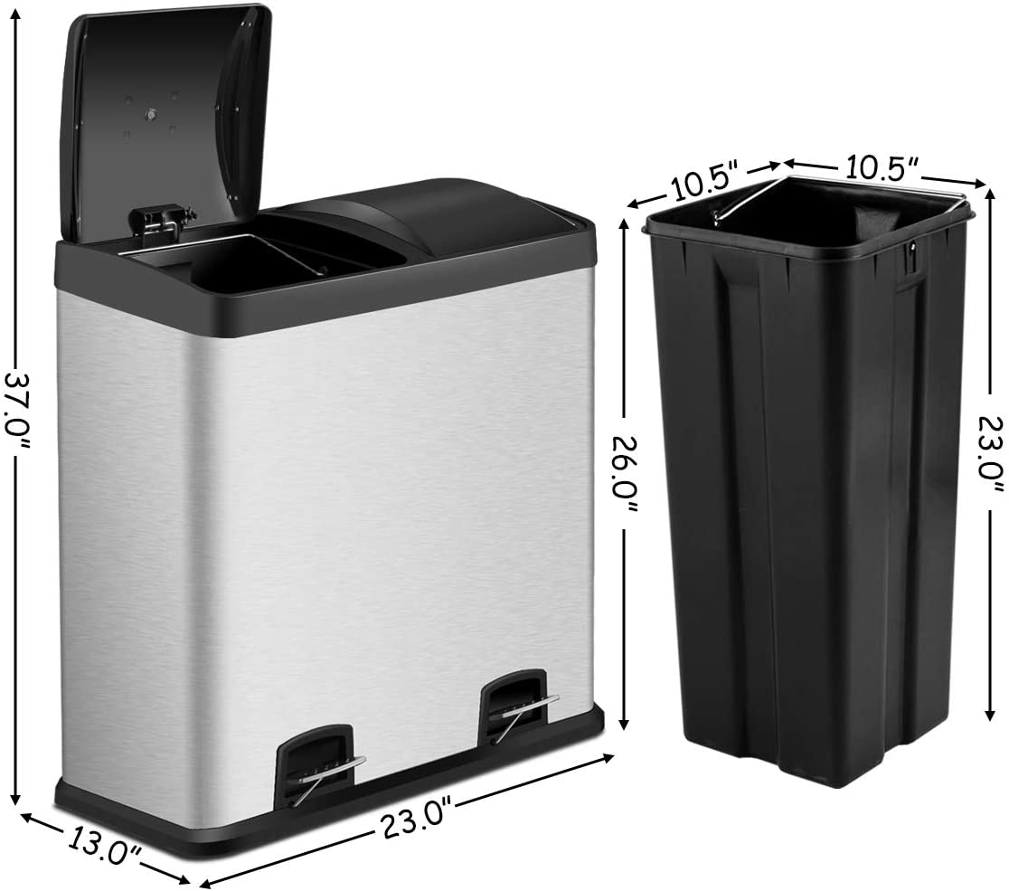 Costzon Double Compartment Classified Step Trash Can, 16 Gallon Stainless Steel Pedal Bin