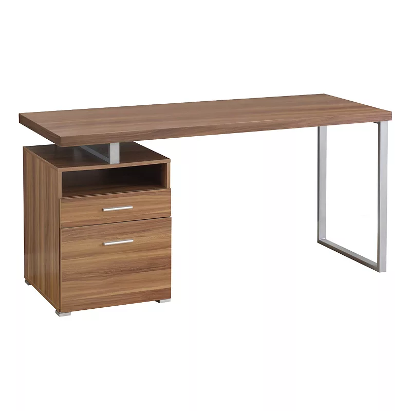 60 Walnut Brown and Silver Rectangular Computer Desk with Storage Drawer