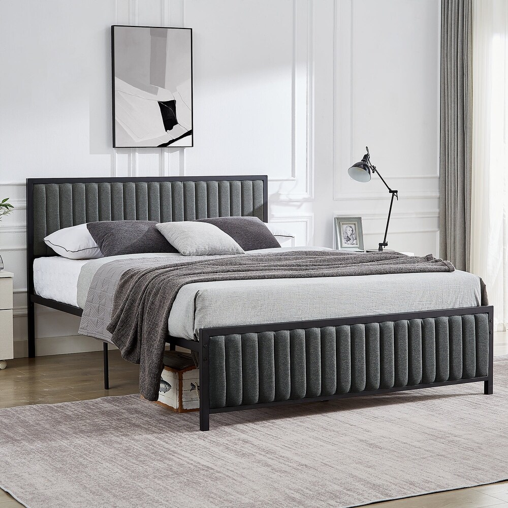 VECELO Modern Faux Leather Upholstered Bed  Beige/Grey